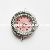 Основа для изготовления часов круглая, серебристая с розовым циферблатом, 31х27 мм