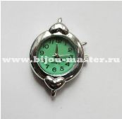 Основа для часов круглая с зеленым циферблатом и сердечками, 34х25 мм
